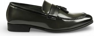 Infinity Leather Mens Olive Tassel High-Gloss Patent Faux Leather Formal Loafers Shoes
