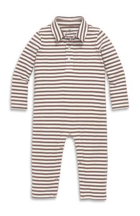 primary Baby Long Sleeve Polo Romper In Mini Stripe in Ivory Acorn Stripe at Nordstrom, Size 18-24M