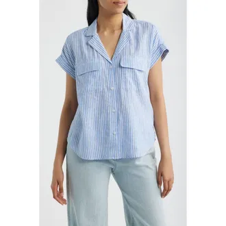 Beach Lunch Lounge Brooke Short Sleeve Button-Up Linen Blend Shirt in Ice Flow at Nordstrom, Size X-Small