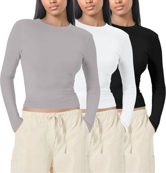 Generic 3 Pack Womens Thermal Long Sleeve Tops Slim Fit Stretch Crew Neck Shirts Breathable Layering Tees for Women Workwear Underscrubs Grey M