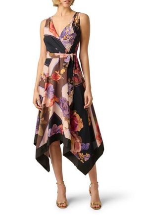 Adrianna Papell Print Handkerchief Midi Dress in Black Multi at Nordstrom, Size 12
