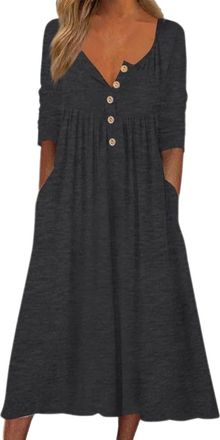 Generic Women Vintage Cotton Linen Button Up Long Sleeve Pleated Tiered Flowy Swing Peasant Maxi Dress Evening Outfit(1A-Grey, L)