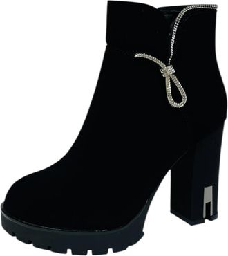 Generic Womens Block Heel Faux Suede Zip Ladies Fashion Comfy Party Ankle Boots (Black/Silver, One Size, UK Footwear Size System, Adult, Women, Numeric, Mediu