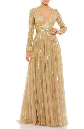 Mac Duggal Sequined Long Sleeve Plunging V-Neck Gown in Taupe at Nordstrom, Size 6