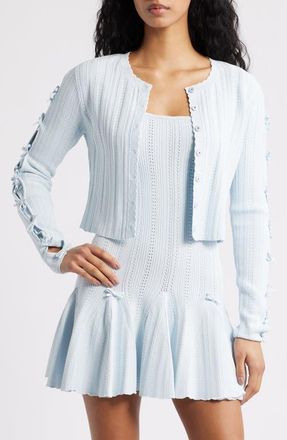 LoveShackFancy Zoriah Pointelle Tie Sleeve Cardigan in Icicle Blue at Nordstrom, Size Xx-Small