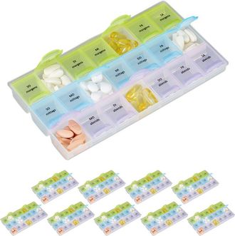 Relaxdays 10 x 7-Day Pill Box, 3 Compartments, Morning, Noon, Evening, Lidded Weekly Organiser, Transparent