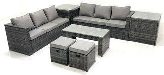 Fimous Garden Outdoor Rattan Furniture Set with Sofa Coffee table 2 Small Footstools 2 Side Tables Dark Grey Mixed - Fimous