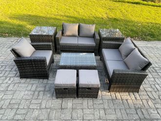 Fimous Rattan Garden Furniture Set 7 Seater Patio Outdoor Lounge Sofa Chair Set with Rectangular Coffee Table 2 Small Footstools 2 Side Tables