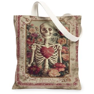 Generic Vintage Floral Canvas Tote Bags, Skeleton Heart Design Reusable Grocery Bags, Lightweight Washable Shoulder Strap Canvas Fo, Beige, 13x15 Inch