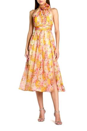 Mac Duggal Printed Chiffon Mock Neck Sleeveless Midi Dress in Yellow Multi at Nordstrom, Size 12