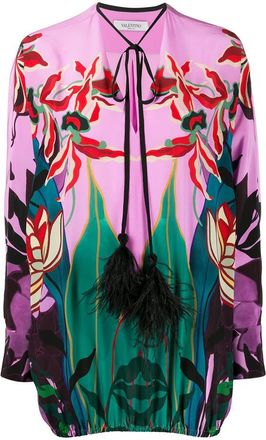 Valentino Garavani Feather-Embellished Mirrored Orchid Ramage Blouse