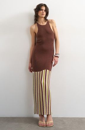 Topshop Stripe Hem Knit Halter Maxi Dress in Brown at Nordstrom, Size X-Small