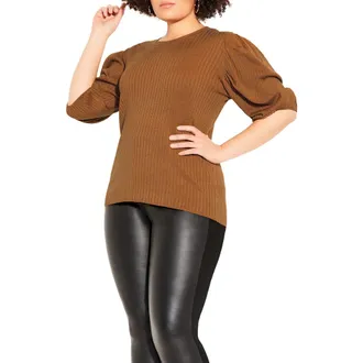 City Chic Sweet Rib Puff Sleeve Top in Tan at Nordstrom