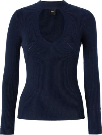 Pinko Geribbelde wollen trui - Dames - Ronde hals truien - Blauw - M - Wol - Truien & Vesten