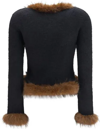 Self Portrait Faux Fur-Trimmed Knit Jacket - Black