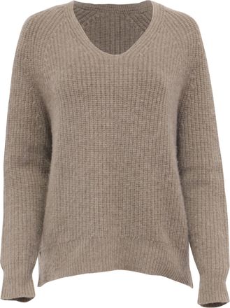 Nili Lotan Nili Lotan V-Neck Cable Knit Sweater in Brown Cashmere