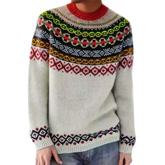 Generic Icelandic Fair Isle Jumpers for Women UK Vintage Fairisle Ladies Sweaters Casual Loose Long Sleeve Crew Neck Knit Jacquard Pullover Sweater Stylish Re