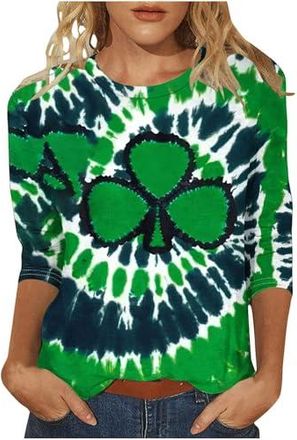 T-shirt Femme Manches 3/4 Vert Saint-Patrick - Motif Trèfle, Décontracté, Coton Conf
