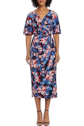 Maggy London Floral Faux-Wrap Midi Dress In Navy Red