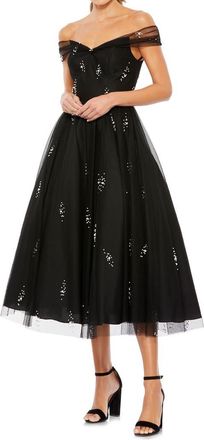 Mac Duggal Womens Off The Shoulder Embellished Tulle Cocktail Dress in Black at Nordstrom, Size 14