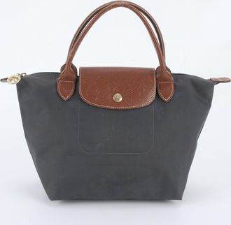 Longchamp Dark Gray Leather Nylon Handbag Shoulder Bag Tote Bag (Pre-Owned)