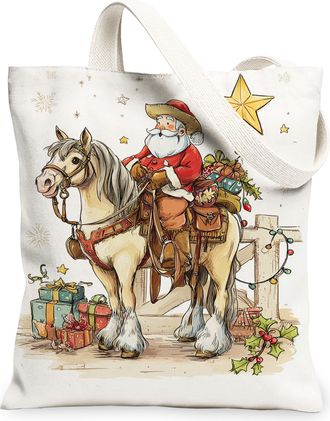 Generic Christmas Horse Canvas Tote Bags, Holiday Santa Design Reusable Grocery Bags, Lightweight Washable Shoulder Strap Canvas Fo, White, 13x15 Inch