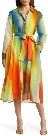 Natori Boracay Rainbow Long Sleeve Cotton & Silk Shirtdress in Bright Yellow Multi at Nordstrom, Size Small