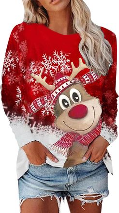 Generic Christmas Jumpers for Women Funny Graphic Reindeer Santa Xmas Jumper Sweatshirt Crew Neck Long Sleeve Pullover Tops Blouse Christmas Shirt Ladies UK L