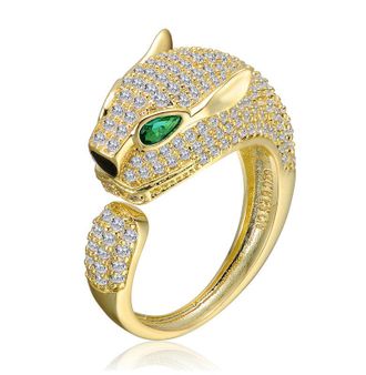 Rachel Glauber Panther Head with Emerald Green & Clear Cubic Zirconia Open Design Ring