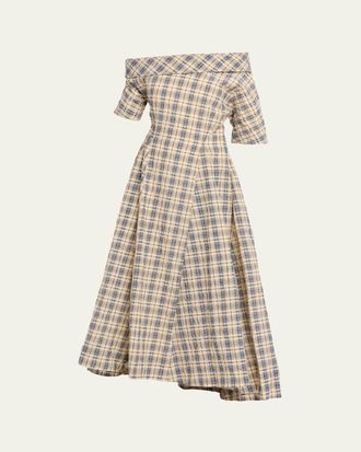 Bernadette Bowery Off-The-Shoulder Check Seersucker Asymmetric Dress