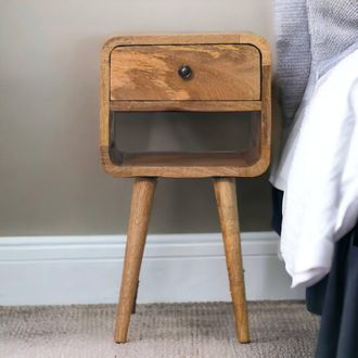 Direct Wicker Solid Wood Mini Oak-ish Curve Lower Bedside, 1 Drawer & Open Slot in Brown | Size: 1 Pack