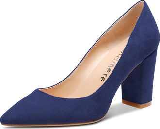 Castamere Womens Mid Chunky Block Heel Pointed Toe Slip-on Office Pumps Court Shoe Wedding Dress Cute Classic Shoes 8CM Heels Navy Blue Suede 10 UK