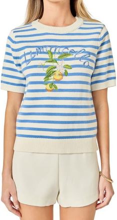 English Factory Lemoncello Stripe Short Sleeve Cotton Sweater in White/Blue at Nordstrom, Size X-Small