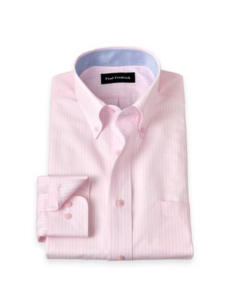 Paul Fredrick Slim Fit Non-iron Cotton Stripe Dress Shirt With Contrast Trim