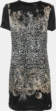 Roberto Cavalli Black Multicolor Printed Satin Mini Dress