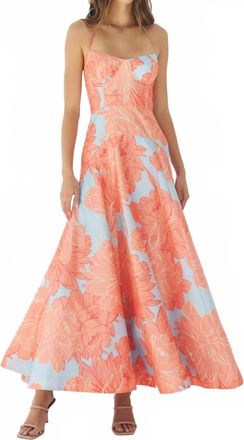 Hutch Saige Halter Drop Waist Long Dress In Sky/coral Layered Outline Peonies