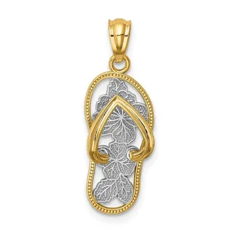 Diamond2Deal 14k Yellow Gold Rhodium Polished Floral Flip Flop Pendant