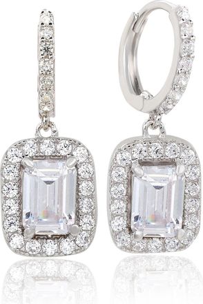 Suzy Levian Sterling Silver Cubic Zirconia Emerald Cut Halo Dangling Earrings