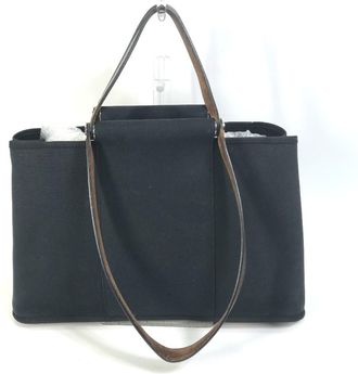 Herm&egrave;s Black Toile Officier Leather Handbag Shoulder Bag Tote Bag (Pre-Owned)