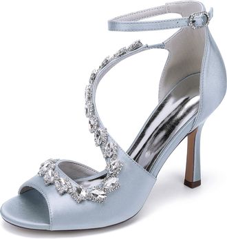 Generic Womens High Heels Satin Bridal Shoes Stiletto Sandals Dress Wedding Heel Formal Evening Shoes Rhinestone 9.5Cm,Silver,10 UK