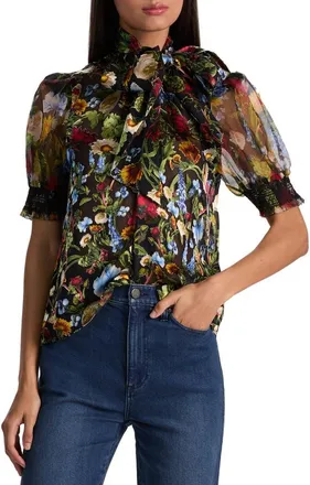 Alice & Olivia Brentley Floral Tie Neck Button-Up Shirt in Social Hour Black at Nordstrom, Size X-Small