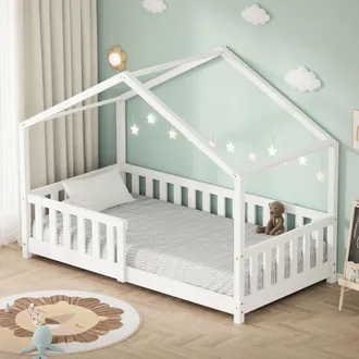 ML Design Ml-design Letto A Casetta Per Bambini 80x160 Cm Bianco In Legno Massello Di Pino Con Rete A Doghe E Tetto, Lettino Montessori Basso Struttura Per Dorm