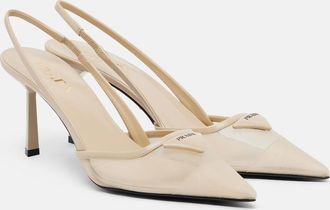 Prada Leather-trimmed mesh slingback pumps