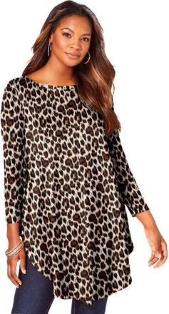Roaman's Plus Size Boatneck Swing Ultra Drape Tunic Top in Oatmeal Animal Print at Nordstrom, Size 12