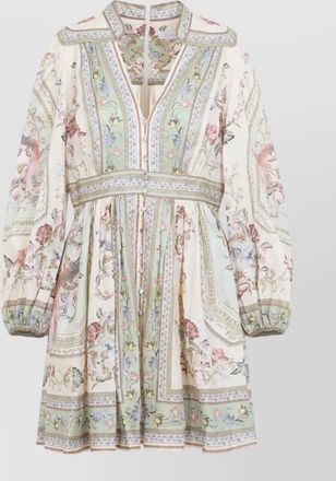 Zimmermann linen floral-print plunge long-sleeve mini dress