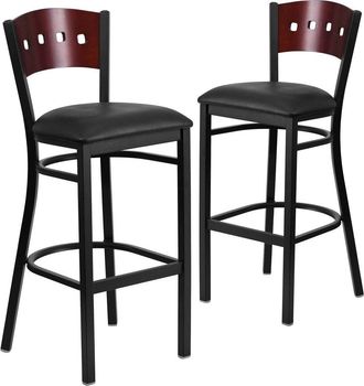 Flash Furniture 2 Pk. 4 Square Back Metal Barstool - Mahogany Wood Back, Black Vinyl Seat