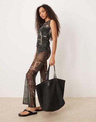 Never Fully Dressed mesh flare pants in black palm print - part of a set