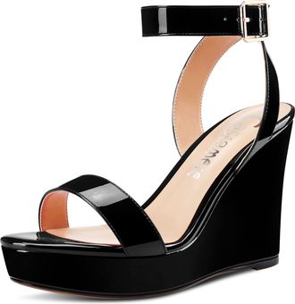 Castamere Women High Wedge Platform Heel Peep Open Toe Sandals Ankle Strap Clear Wedding Classic 10 CM Heels Black 9.5 UK