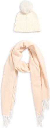 Vince Camuto Chevron Wrap Scarf & Faux Fur Pompom Beanie Set in Neutral at Nordstrom Rack