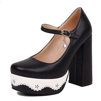 Generic Qynthra Womens Mary Janes Square Toe Platform High Heels Chunky Block Heel with Strap for Parties and Special Occasions Multicolor Pumps,Black,4.5 UK
